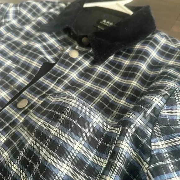 A.P.C. Navy Blue Plaid Button-Up Shirt Jacket with Corduroy Collar - Small - Picture 5 of 9